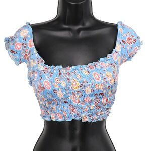 Free People Intimately Floral Smocked Wrap Crop Top Puff Sleeve Blue XS